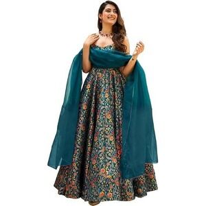 Indya Luxe NEW Teal Floral Foil Anarkali Maxi Dress XL Indian Wedding Party